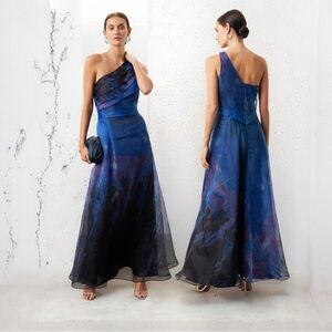 🌻Rene Ruiz Collection One Shoulder Printed Organza A Line Gown Size 12